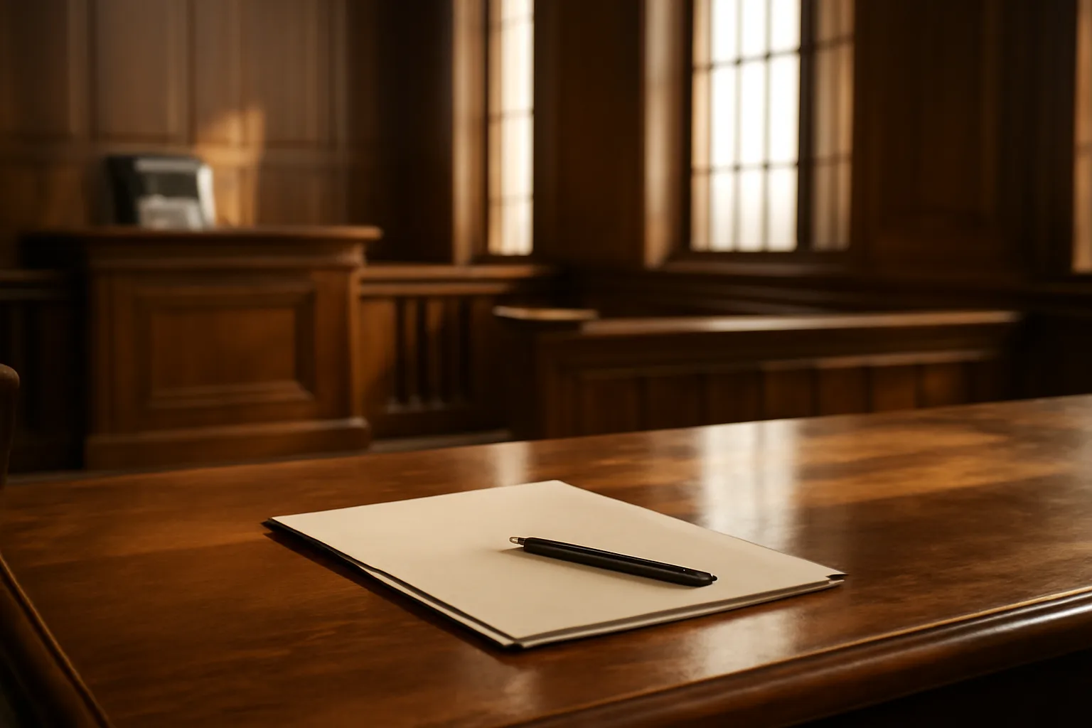 Empty Alabama courtroom bench in afternoon light, guardian ad litem setting