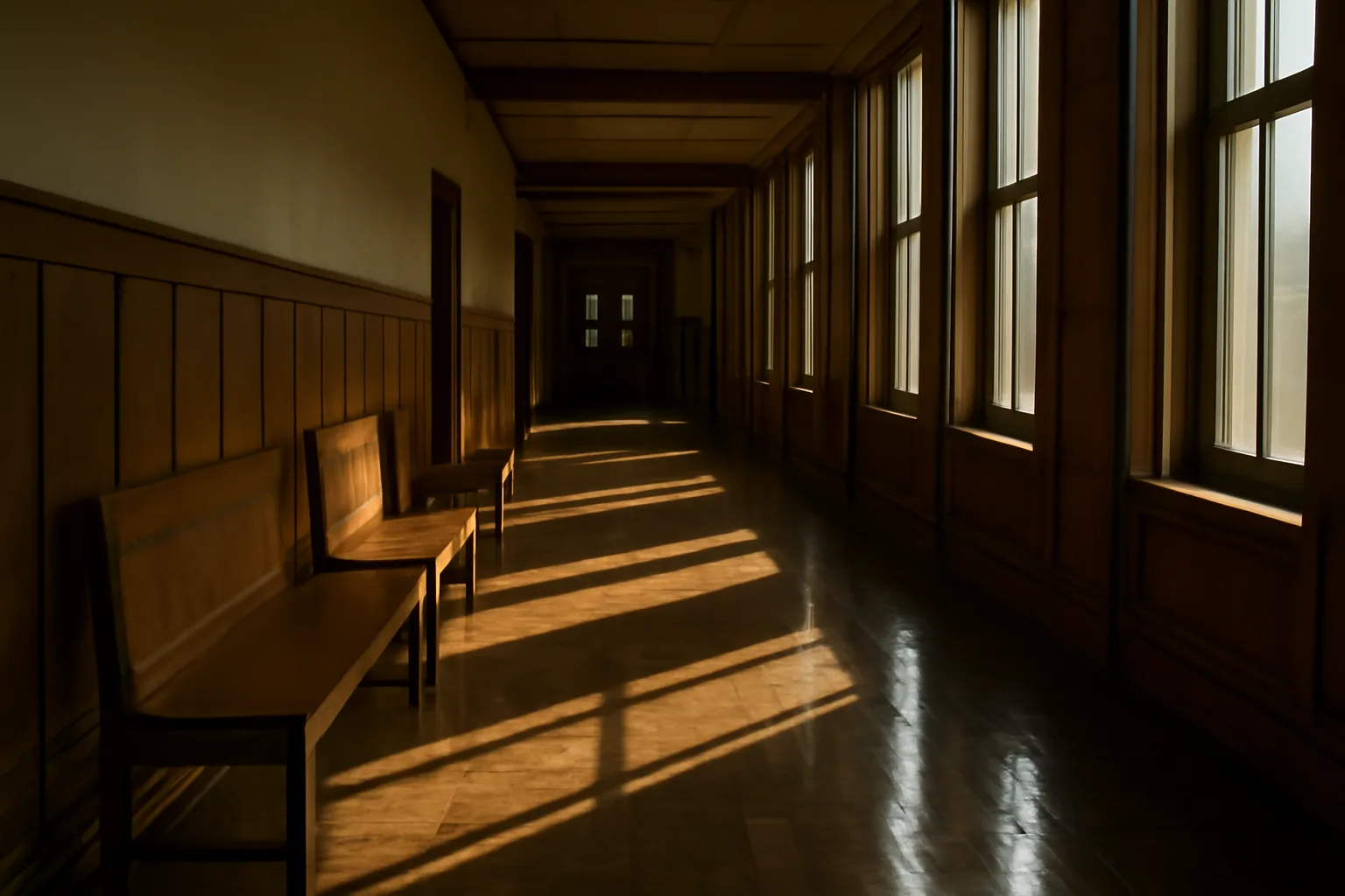 Empty courthouse hallway in Alaska with morning light, guardian ad litem setting