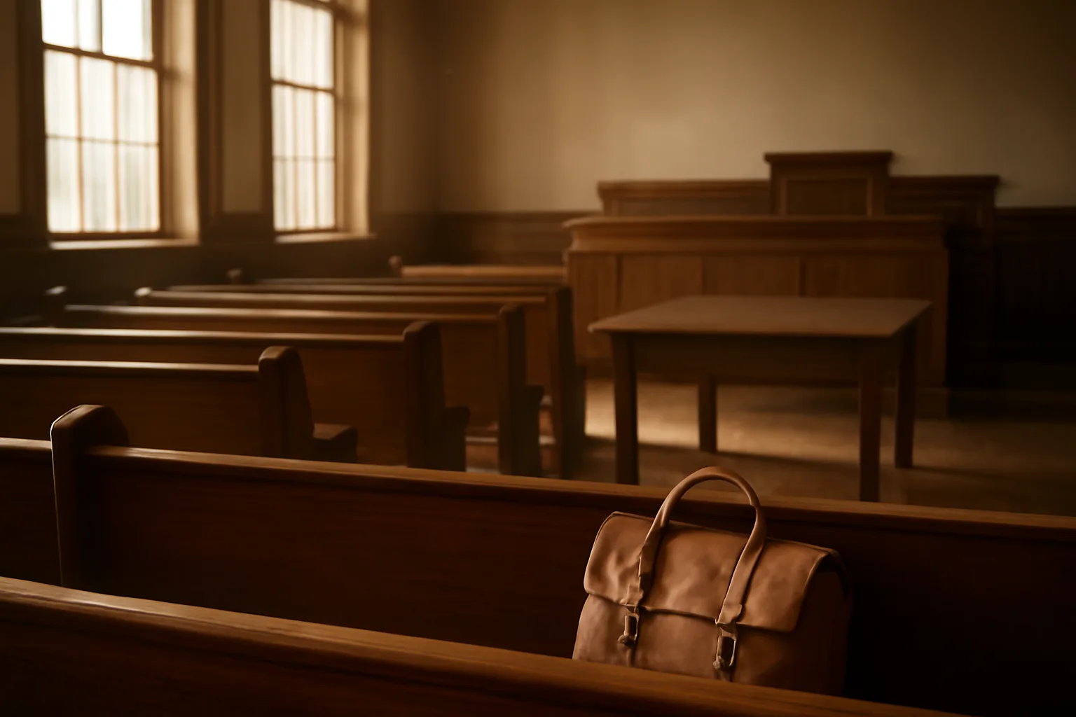 Sunlit empty Atlanta courtroom used for Georgia guardian ad litem hearings