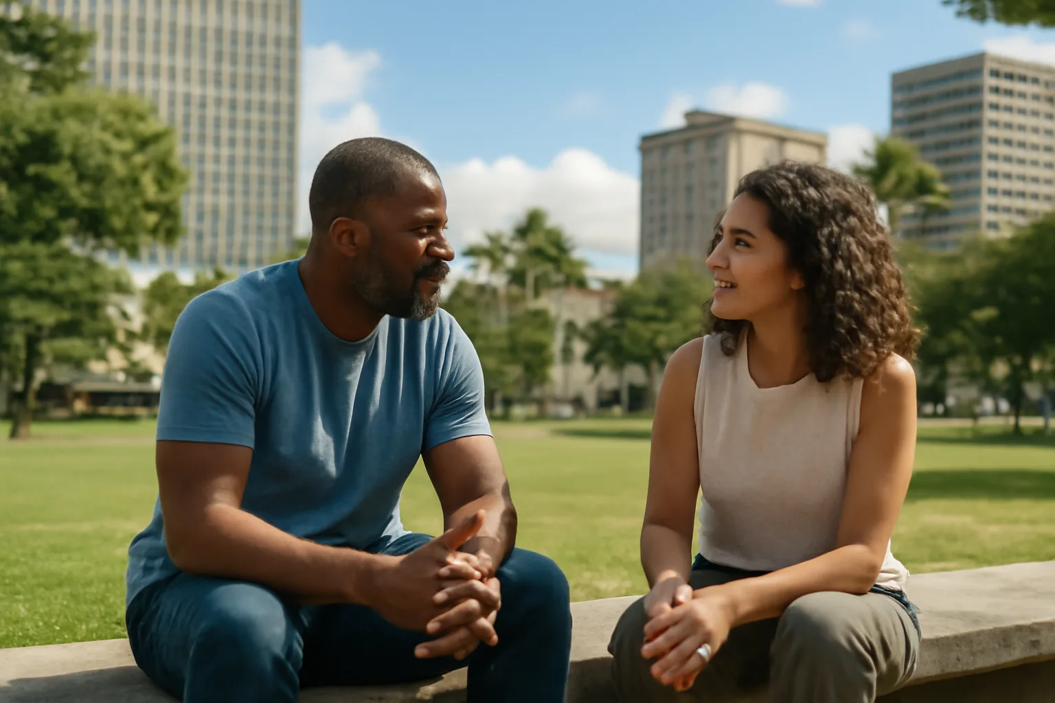 Two people talking in Honolulu about Hawaii guardian ad litem work