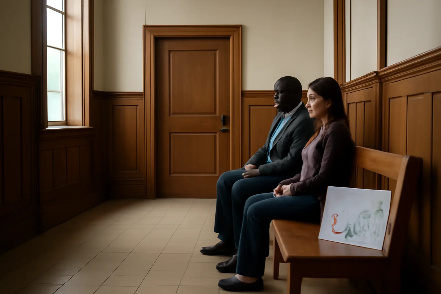 Courthouse hallway in Alabama with adults waiting outside a family courtroom