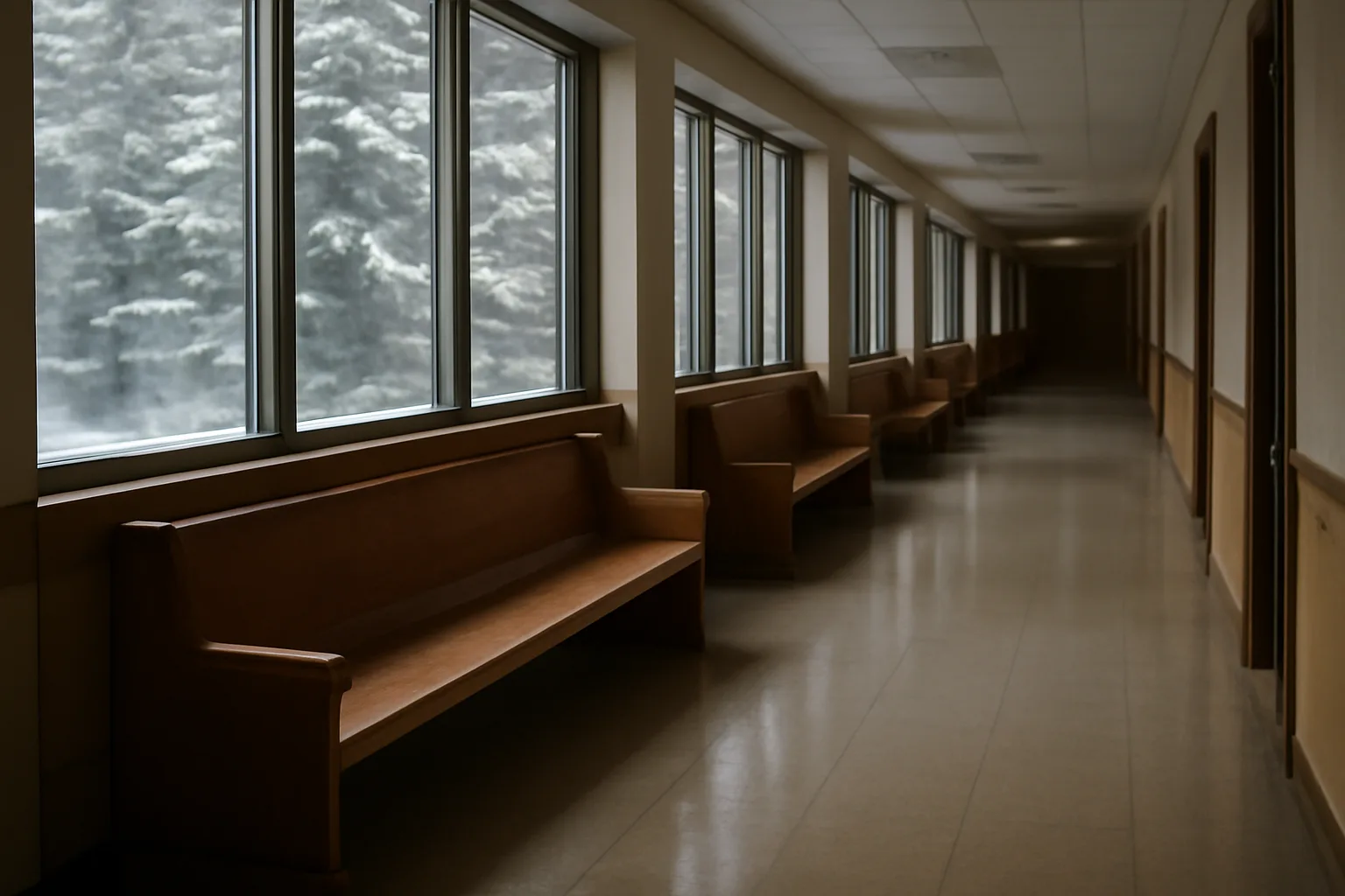 Empty Alaska courthouse hallway with wood benches and snowy spruce trees outside