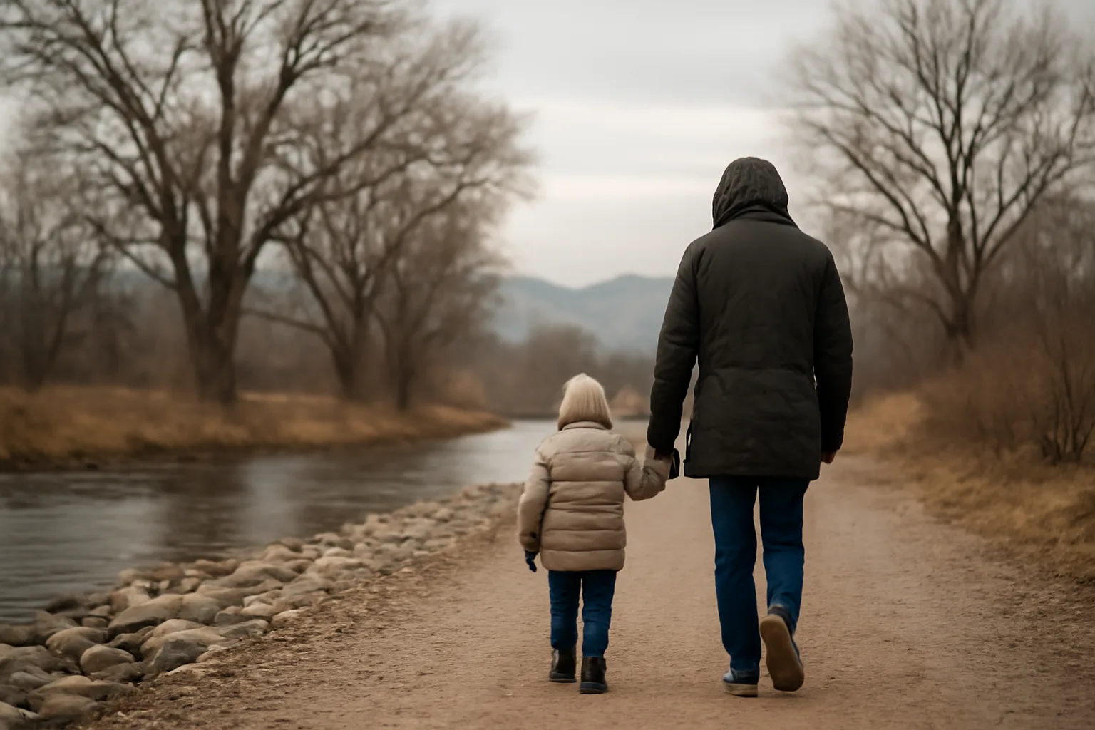 Adult and child walk a Denver trail a guardian ad litem might visit