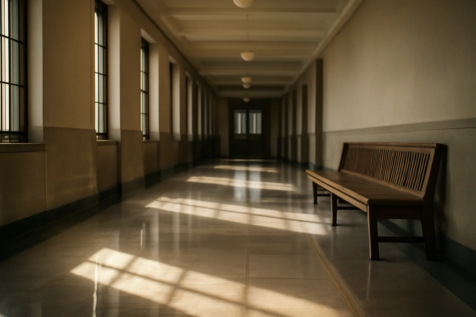 Empty courthouse hallway with morning light, where guardian ad litem hearings take place in Alabama