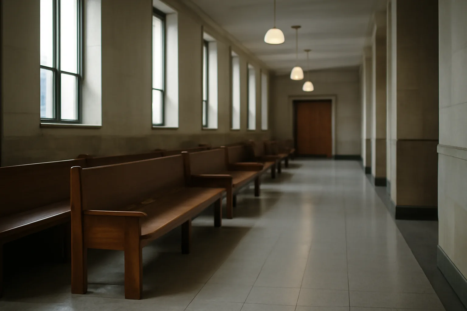 Empty Alaska superior court hallway with wooden benches and winter morning light