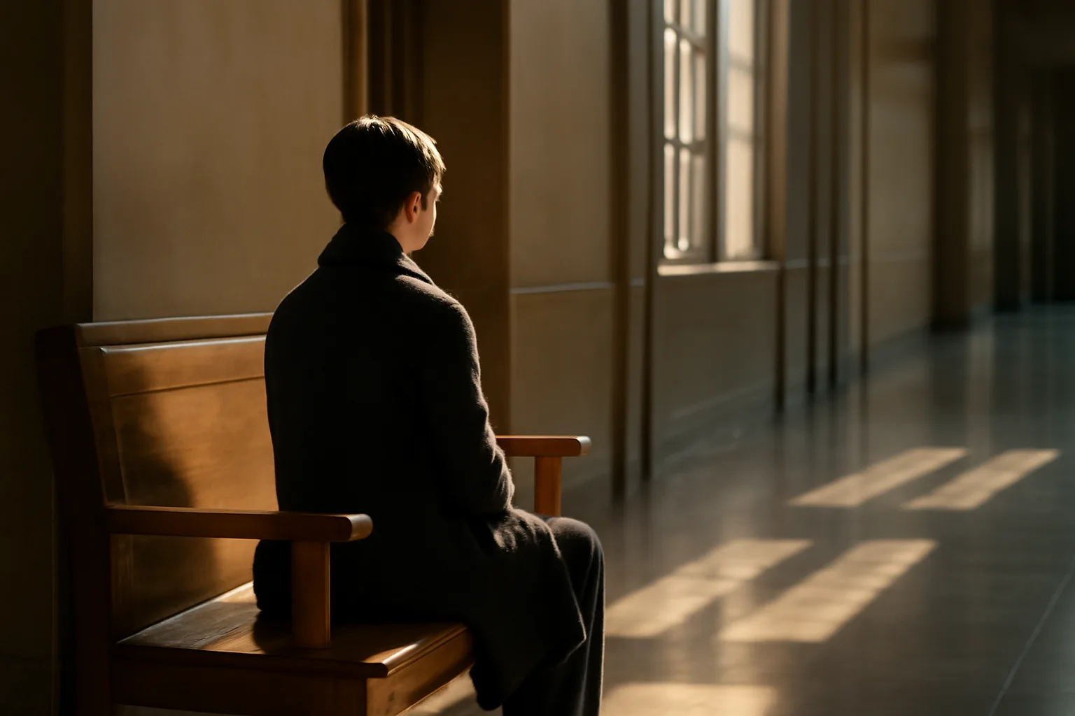Person waiting on a wooden bench in a California courthouse hallway