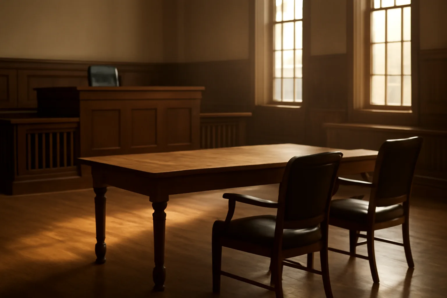 Empty Georgia courtroom benches waiting for a guardian ad litem hearing