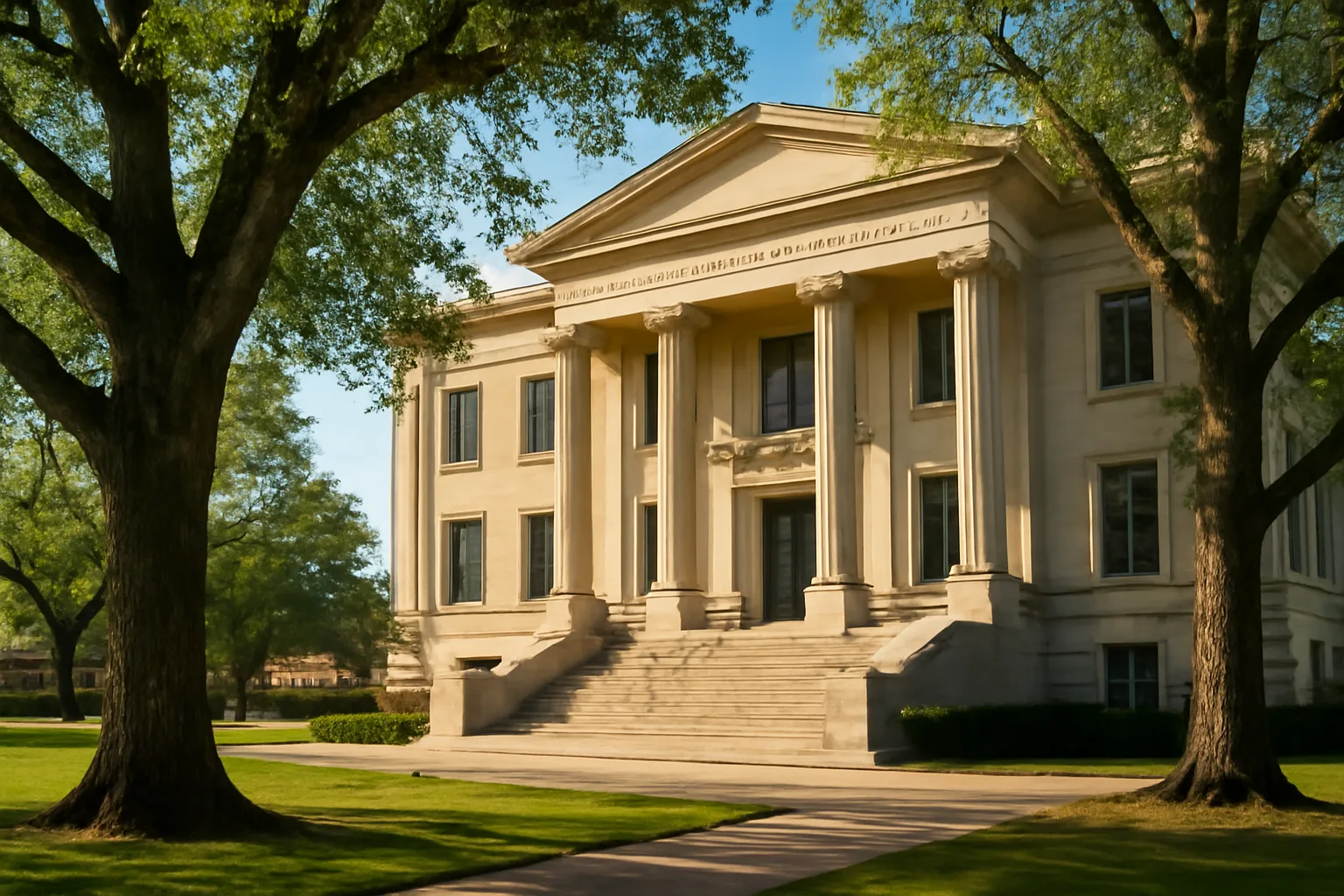 Alabama county courthouse exterior with oak trees and morning light, guardian ad litem setting