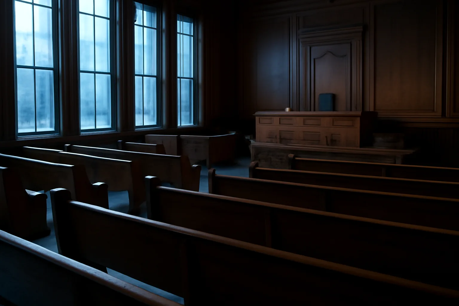 Empty Alaska courtroom at dawn where guardian ad litem appointments are made