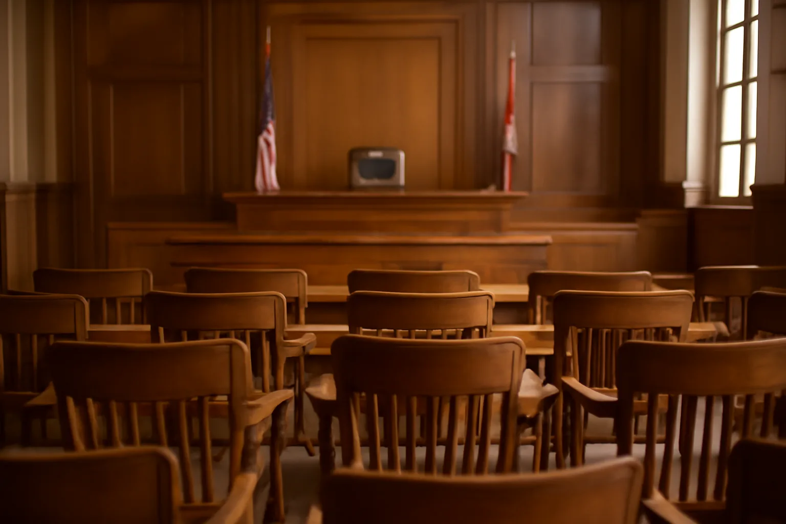 Empty courtroom interior with wooden bench and judge's podium in soft afternoon light