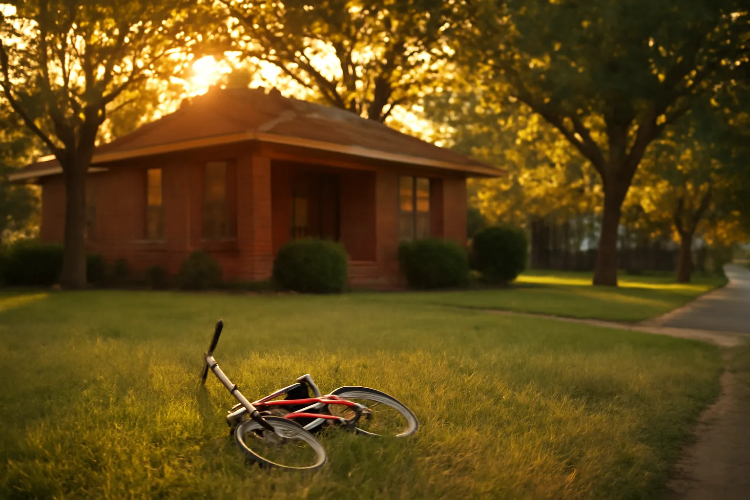 Child bicycle in Little Rock grass beside a brick bungalow