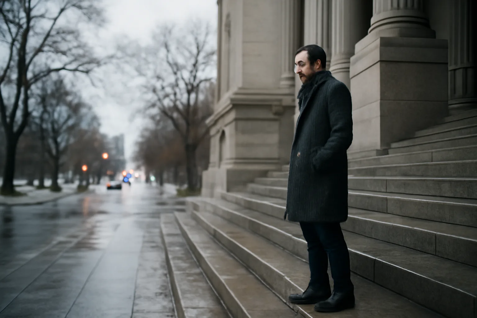Adult on wet Denver granite steps considering guardian ad litem work