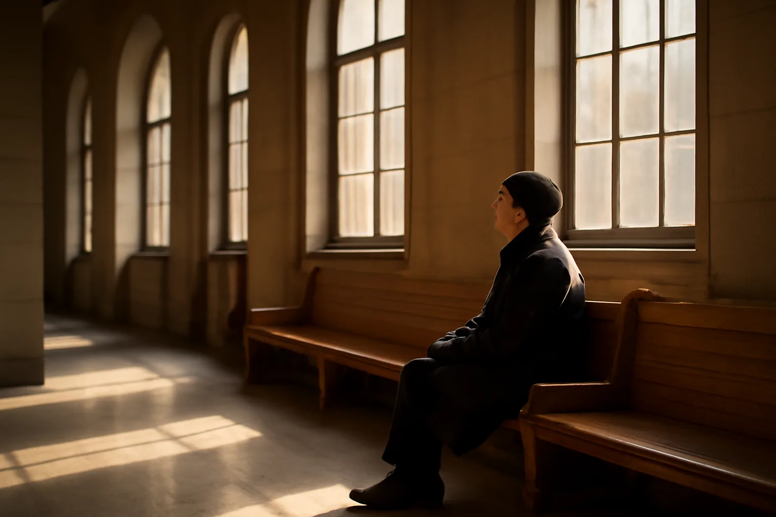 Person waiting in a Hartford courthouse hall before guardian ad litem work