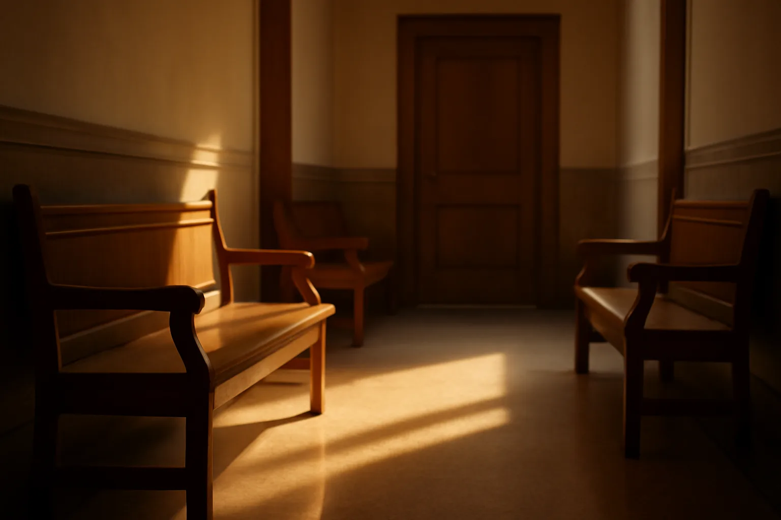 Sunlit empty Georgia courthouse hallway used for guardian ad litem cases