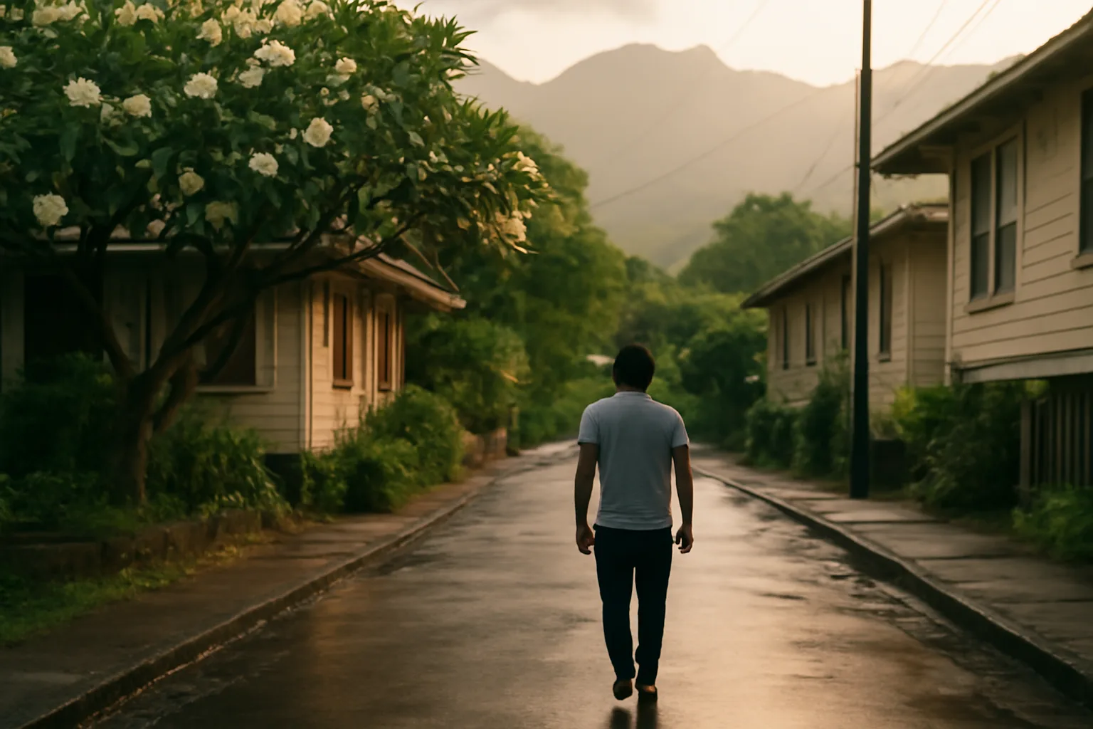 Person walking a rainy Honolulu street near GAL work