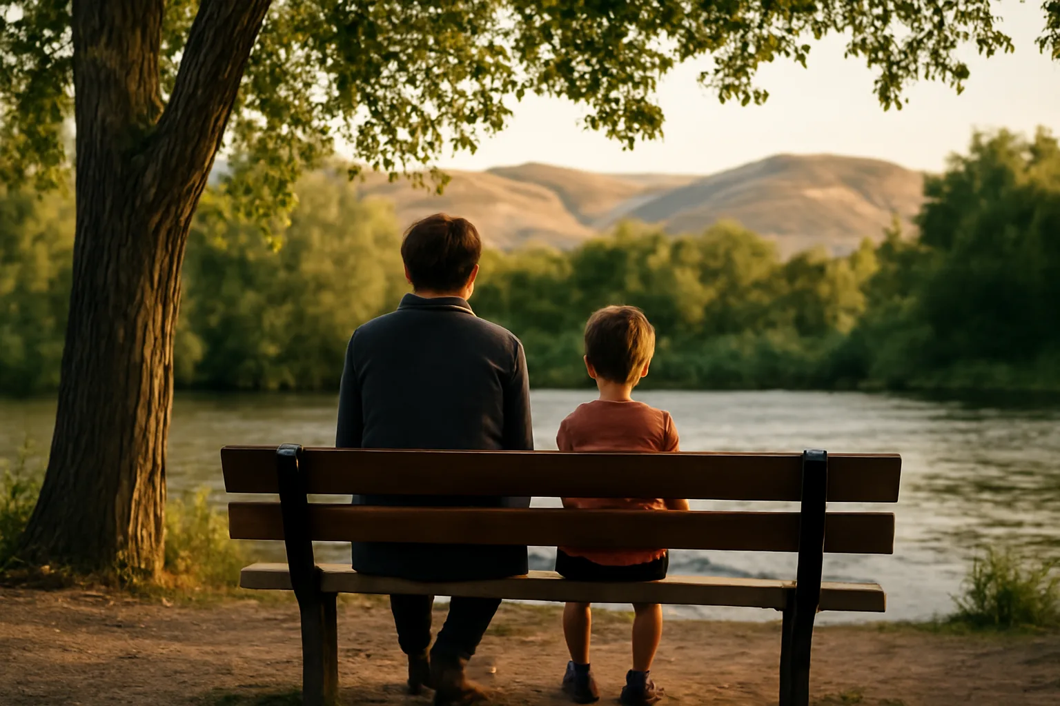 Adult and child sit by the Boise River after a guardian ad litem visit