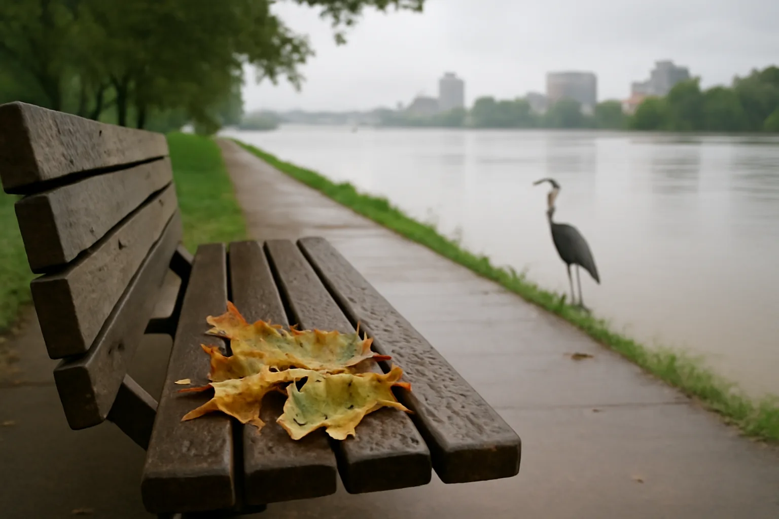 Wet wooden bench by the Arkansas River after a guardian ad litem morning