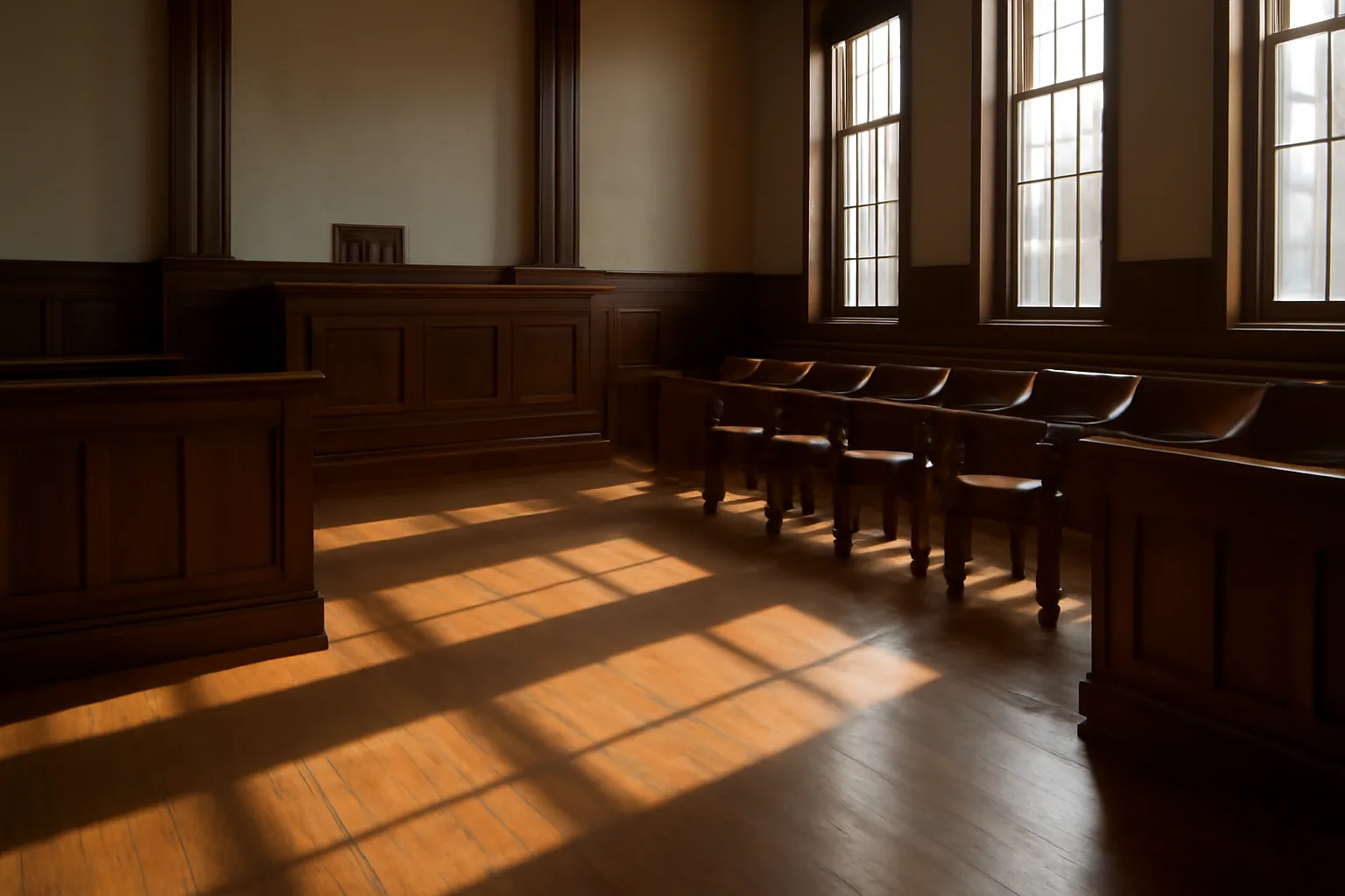 Empty Alabama courtroom with morning sunlight across wooden floors and benches