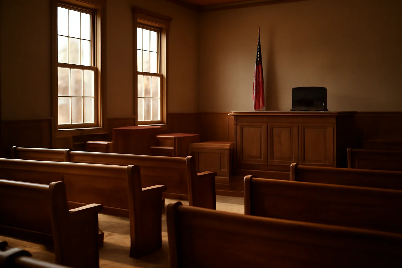 Empty Alaskan courtroom interior with winter afternoon light through windows
