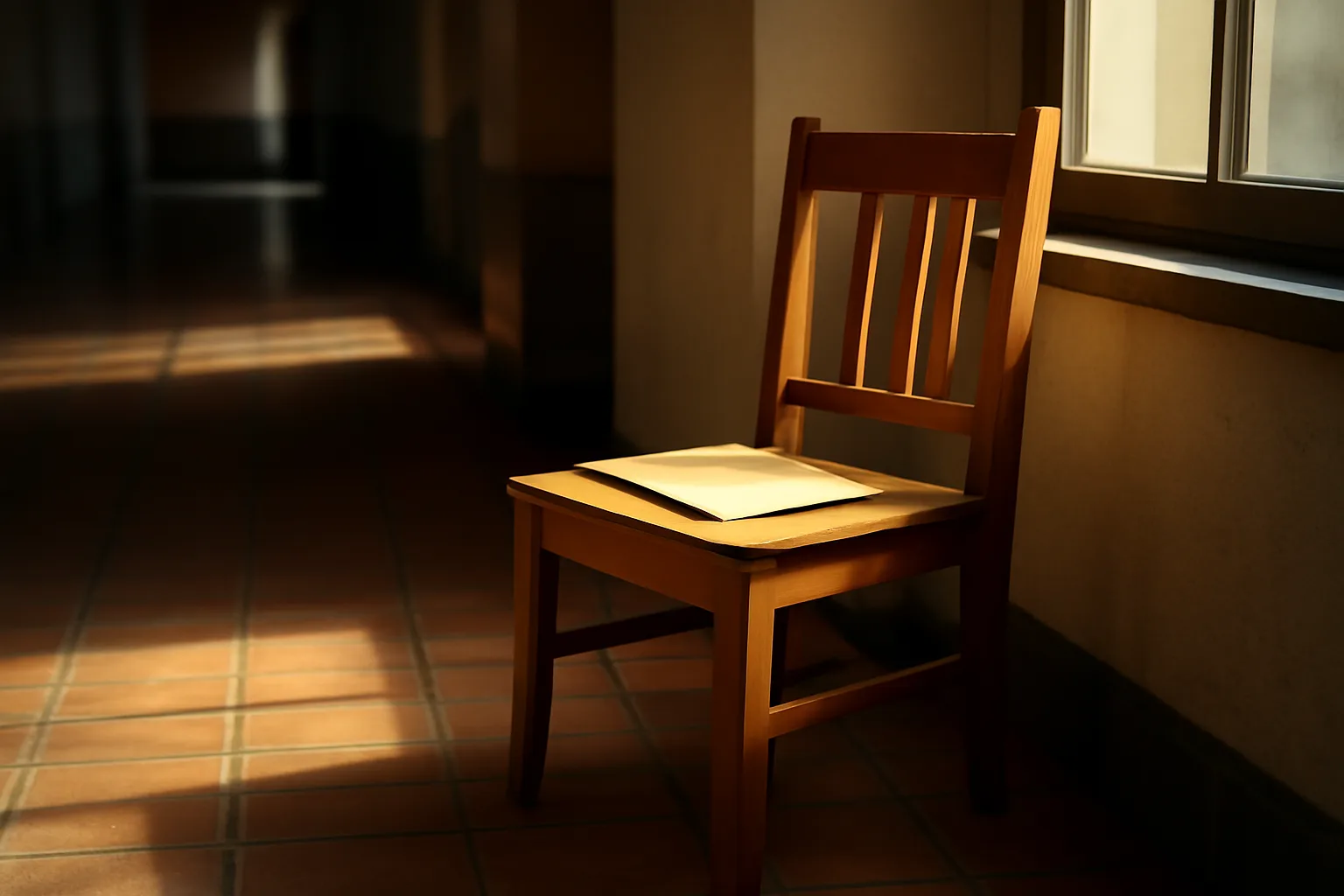 Empty courthouse hallway with sunlight and a manila folder on a chair