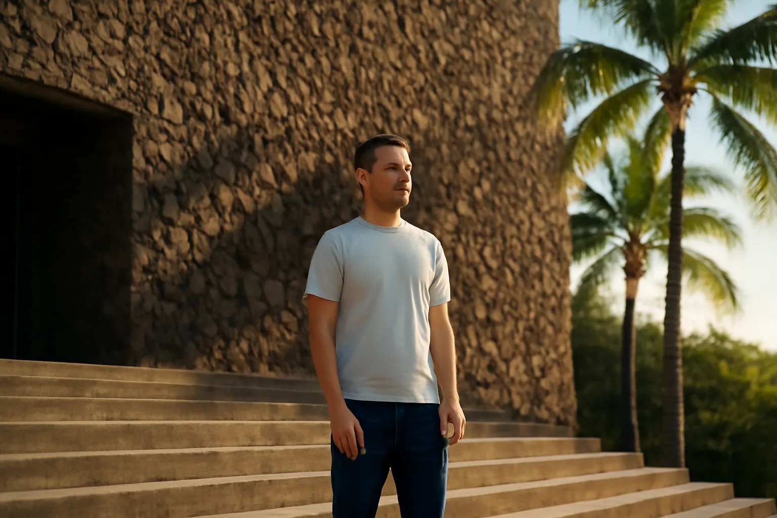 Person on sunlit Honolulu courthouse steps before guardian ad litem work